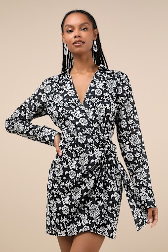Made to Charm Black & White Floral Collared Buckle Mini Dress 1