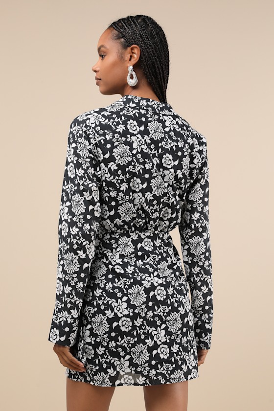 Lulus Made To Charm Black & White Floral Collared Buckle Mini Dress In Black