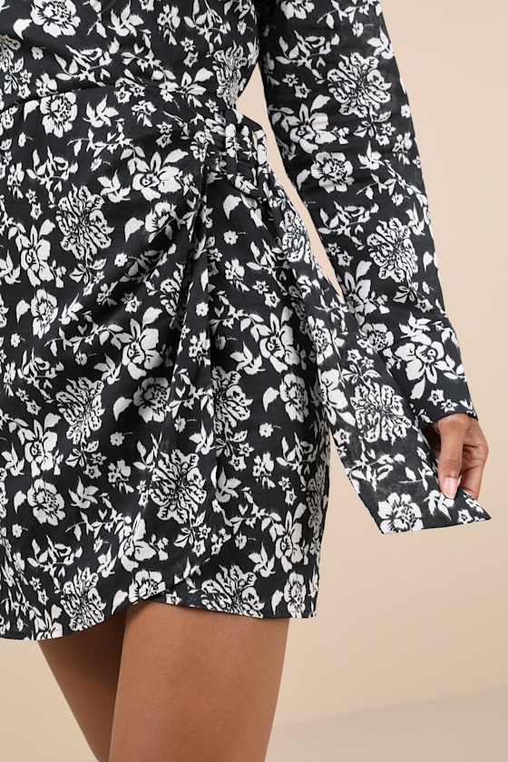 Lulus Made To Charm Black & White Floral Collared Buckle Mini Dress In Black