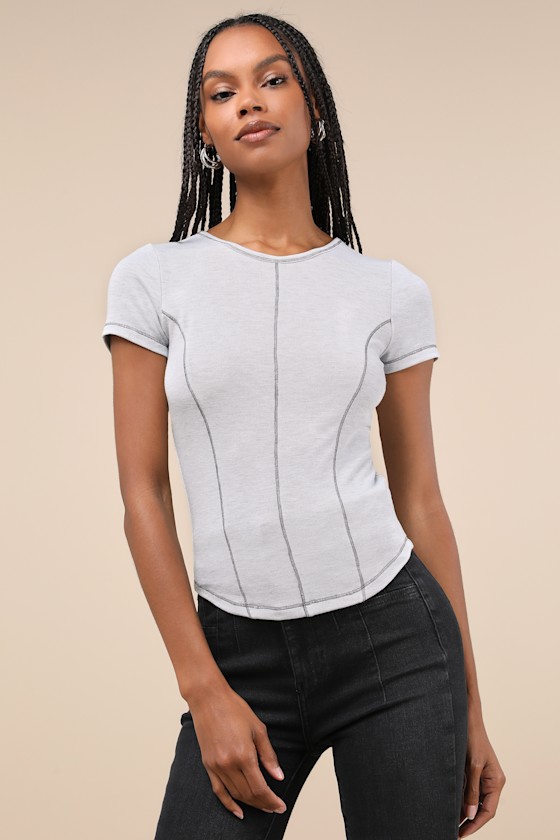 Lulus Flawless Fit Heathered Light Grey Seamed Short Sleeve Top In Light Grey