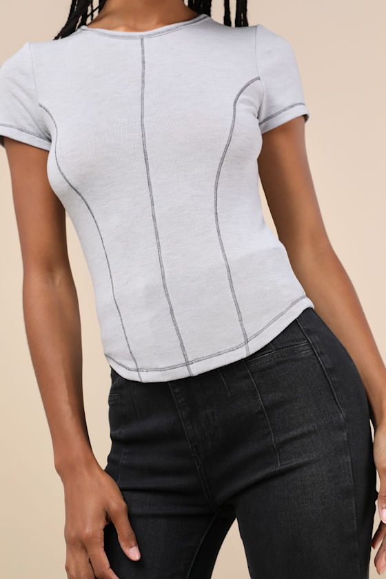 Lulus Flawless Fit Heathered Light Grey Seamed Short Sleeve Top In Light Grey