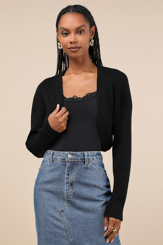 Snuggly Ease Black Ribbed Open-Front Shrug Sweater 1