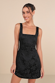 Perfectly Flirtatious Black Floral Jacquard Tie-Back Mini Dress 1