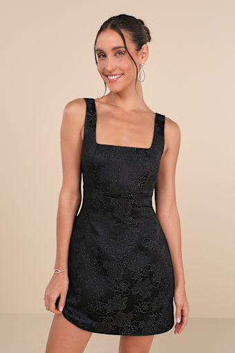 Perfectly Flirtatious Black Floral Jacquard Tie-Back Mini Dress 1