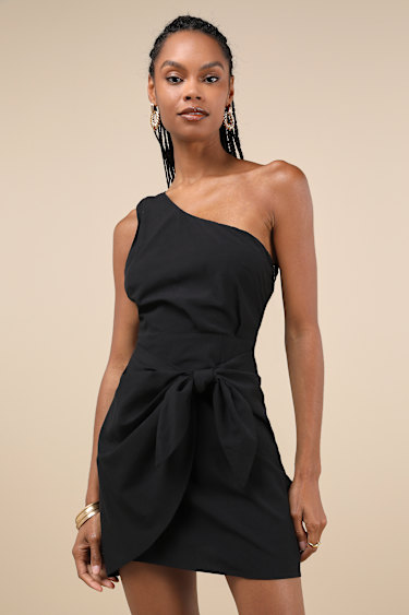Gorgeous Garden Black One-Shoulder Faux-Wrap Mini Dress
