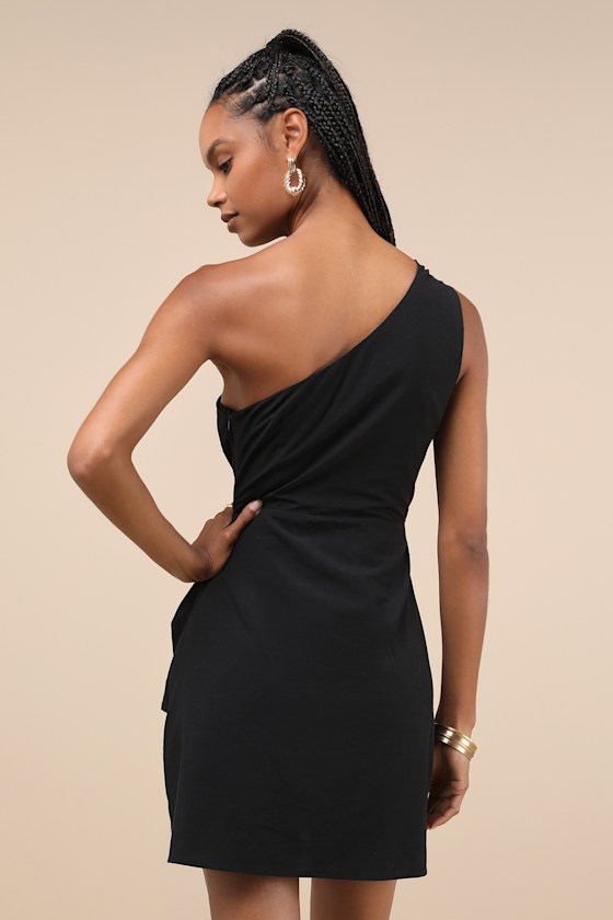 Lulus Gorgeous Garden Black One-shoulder Faux-wrap Mini Dress In Black