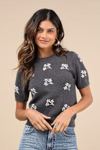 Sweet Fave Dark Grey Embroidered Short Sleeve Sweater Top 1