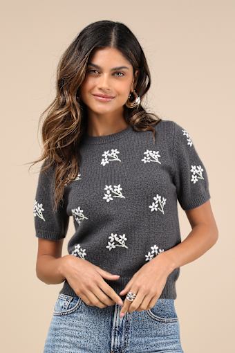 Sweet Fave Dark Grey Embroidered Short Sleeve Sweater Top 1