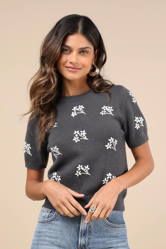 Sweet Fave Dark Grey Embroidered Short Sleeve Sweater Top 1