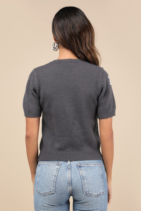 Lulus Sweet Fave Dark Grey Embroidered Short Sleeve Sweater Top In Dark Grey