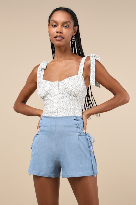 Lulus Lasting Fun Blue Chambray Lace-up High Rise Shorts In Blue