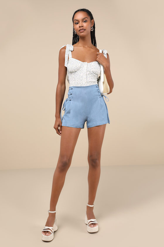 Lulus Lasting Fun Blue Chambray Lace-up High Rise Shorts In Blue