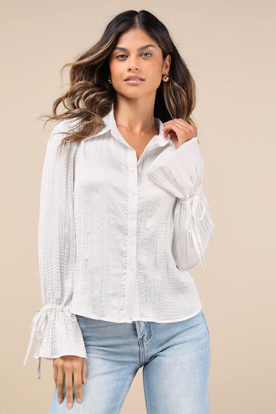 LULUS ENHANCED CHARM IVORY PLISSE CRINKLED TIE-CUFF BUTTON-UP TOP