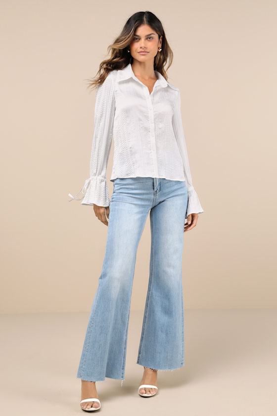 LULUS ENHANCED CHARM IVORY PLISSE CRINKLED TIE-CUFF BUTTON-UP TOP