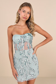 Unreal Date Sage Green Sequin Embroidered Strapless Mini Dress 4