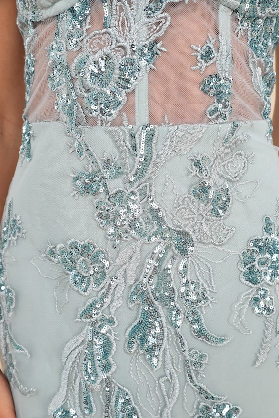 LULUS UNREAL DATE SAGE GREEN SEQUIN EMBROIDERED STRAPLESS MINI DRESS