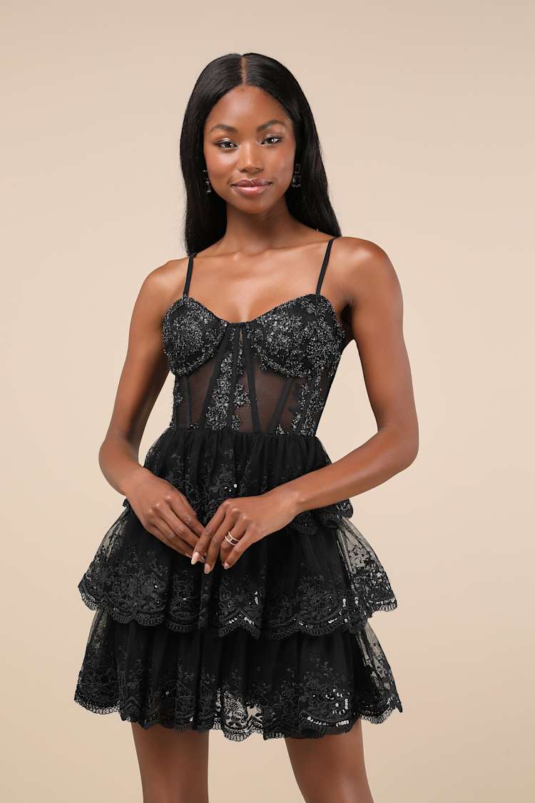 Black Mesh Dress - Tiered Mini Dress - Embroidered Sequin Dress - Lulus