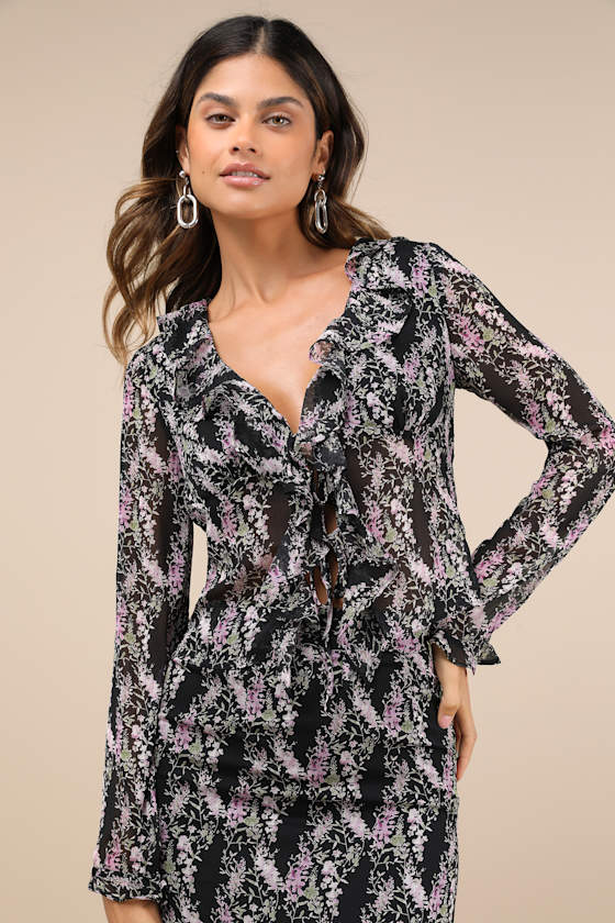 En Saison Anai Black Floral Print Ruffled Tie-front Long Sleeve Top In Black