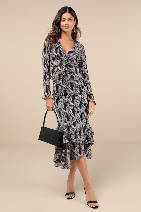 En Saison Anai Black Floral Print Ruffled Tie-front Long Sleeve Top In Black