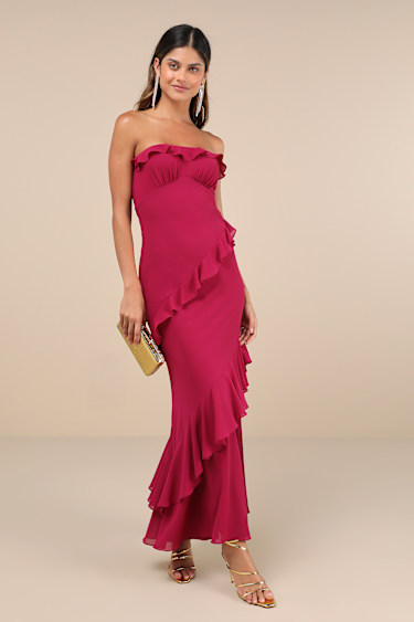 Dramatic Allure Magenta Ruffled Cutout Strapless Maxi Dress