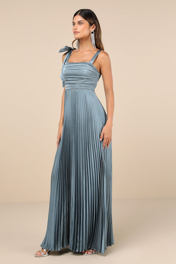 Lulus Gorgeous Purpose Slate Satin Pleated Sleeveless Bow Maxi Dress In Blue