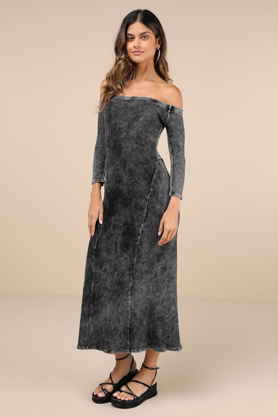 Shop Lulus Remarkably Cool Washed Black Ribbed Off-the-shoulder Midi Dress