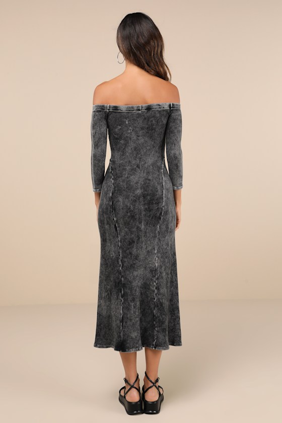 Shop Lulus Remarkably Cool Washed Black Ribbed Off-the-shoulder Midi Dress