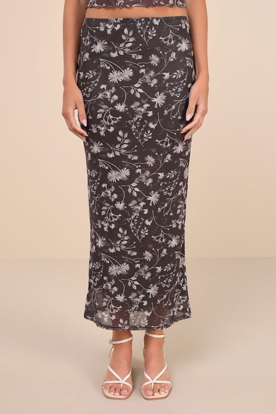 Spectacularly Cute Dark Grey Floral Mesh Midi Skirt 2