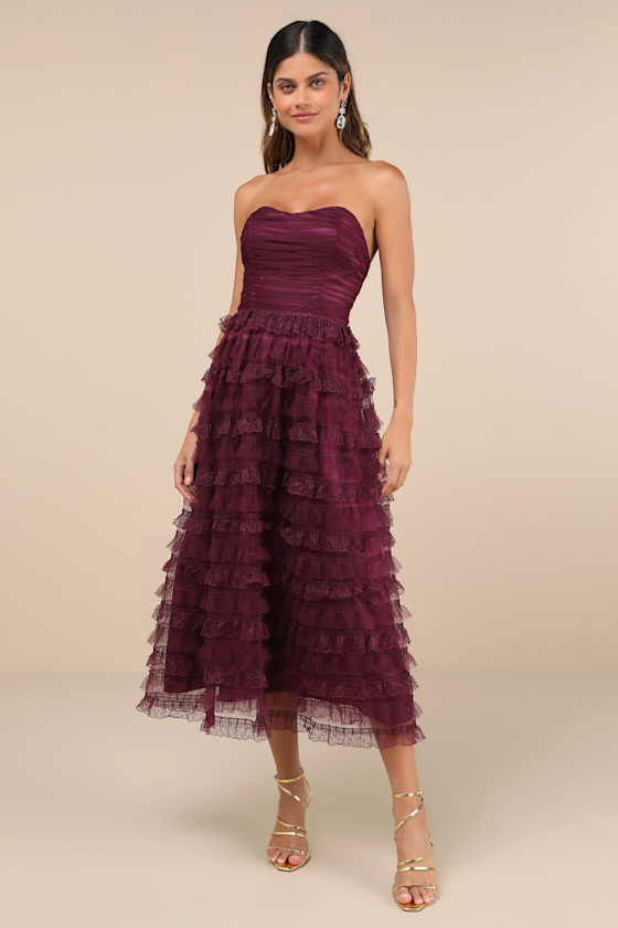 Lulus Immensely Exquisite Purple Tulle Strapless Tiered Midi Dress In Purple