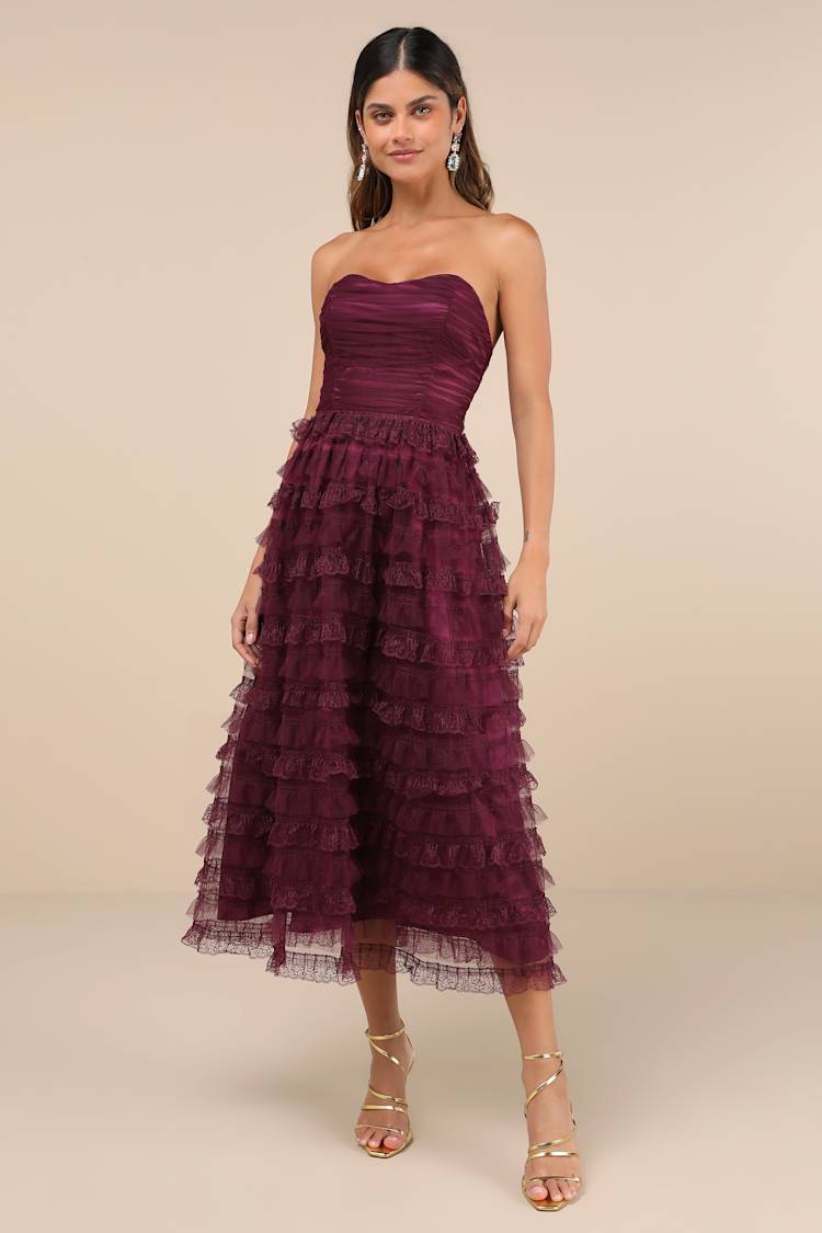 knee length dresses for ladies Strapless Puffy Midi Tulle Dress, Emerald / 16