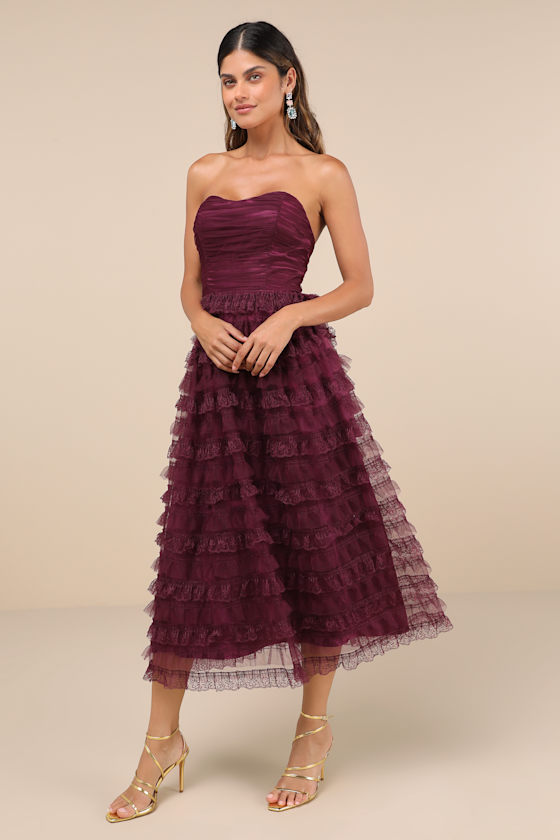 Lulus Immensely Exquisite Purple Tulle Strapless Tiered Midi Dress In Purple