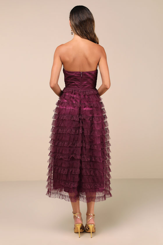 Lulus Immensely Exquisite Purple Tulle Strapless Tiered Midi Dress In Purple