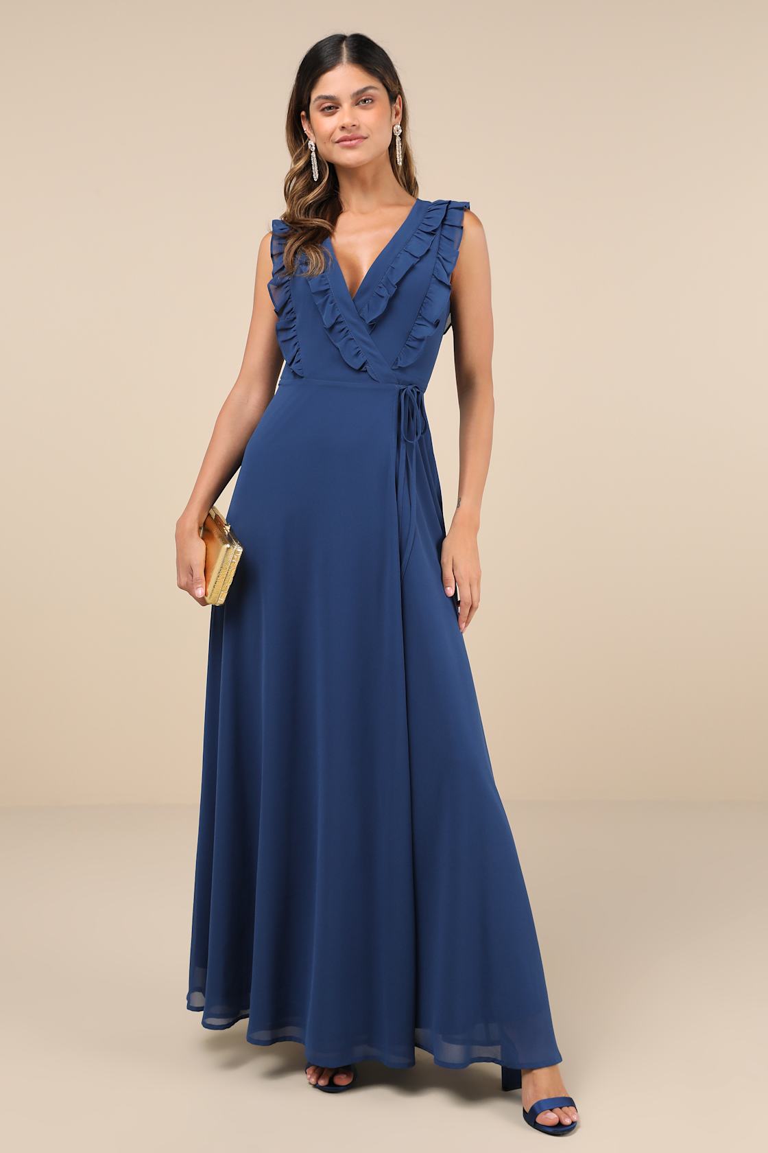 Major Elegance Blue Sleeveless Ruffled Wrap Maxi Dress