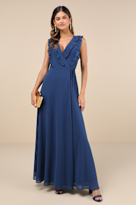 Major Elegance Blue Sleeveless Ruffled Wrap Maxi Dress