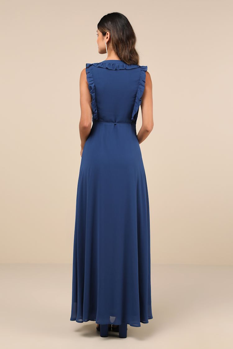 Major Elegance Blue Sleeveless Ruffled Wrap Maxi Dress