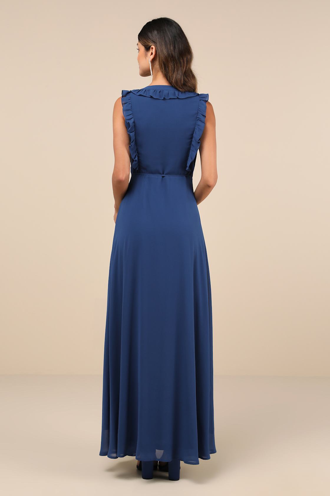 Major Elegance Blue Sleeveless Ruffled Wrap Maxi Dress