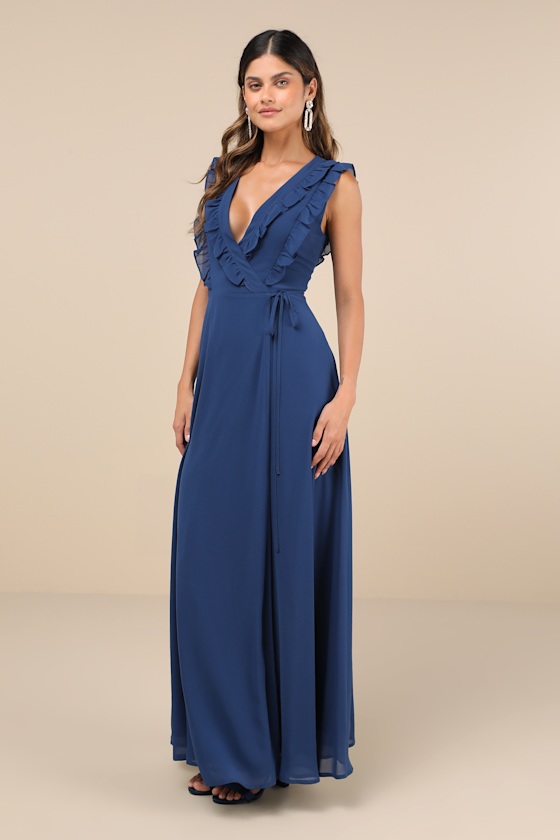 Lulus Major Elegance Blue Sleeveless Ruffled Wrap Maxi Dress In Blue