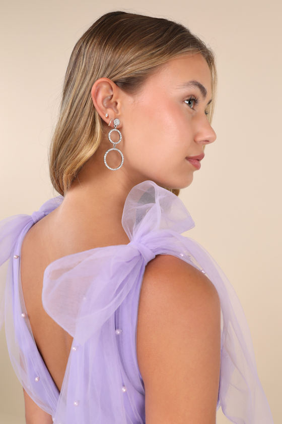 Lulus Tulle-proof Lavender Tulle Beaded Tie-shoulder Tiered Mini Dress In Purple