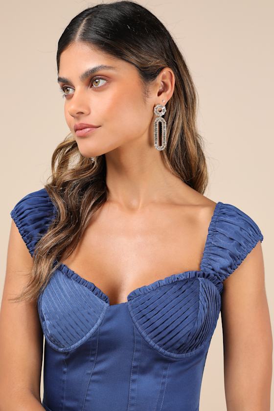 Lulus Perfected Aesthetic Cobalt Blue Satin Ruffled Bustier Mini Dress In Cobalt Blue