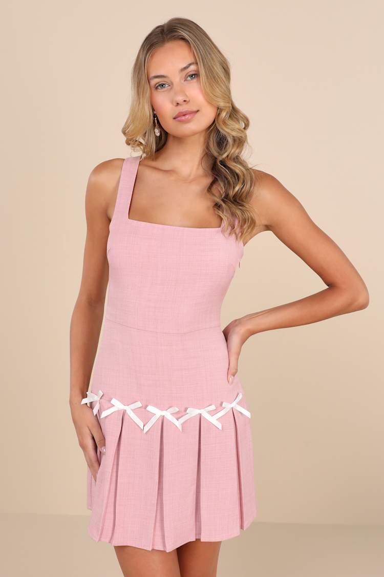 Pink Pleated Dress - Sleeveless Bow Dress - Pleated Mini Dress - Lulus