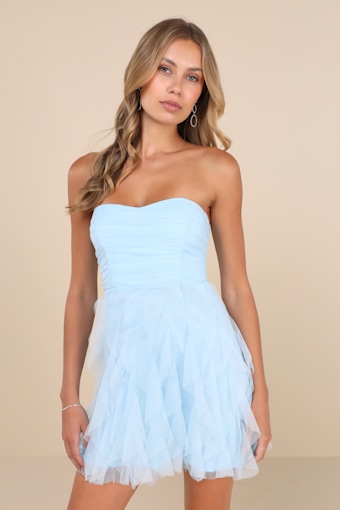 Delightful Beauty Light Blue Mesh Strapless Ruffled Mini Dress 3