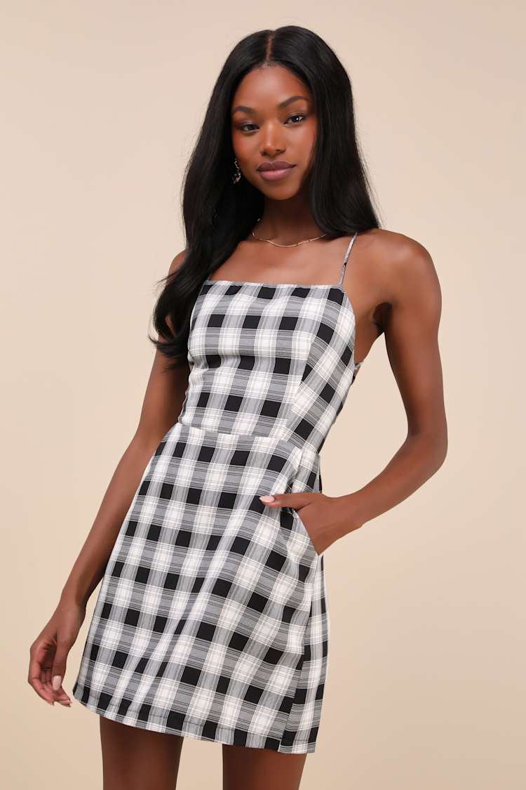 Sweetest Memory Black Plaid Lace-Up Mini Dress With Pockets