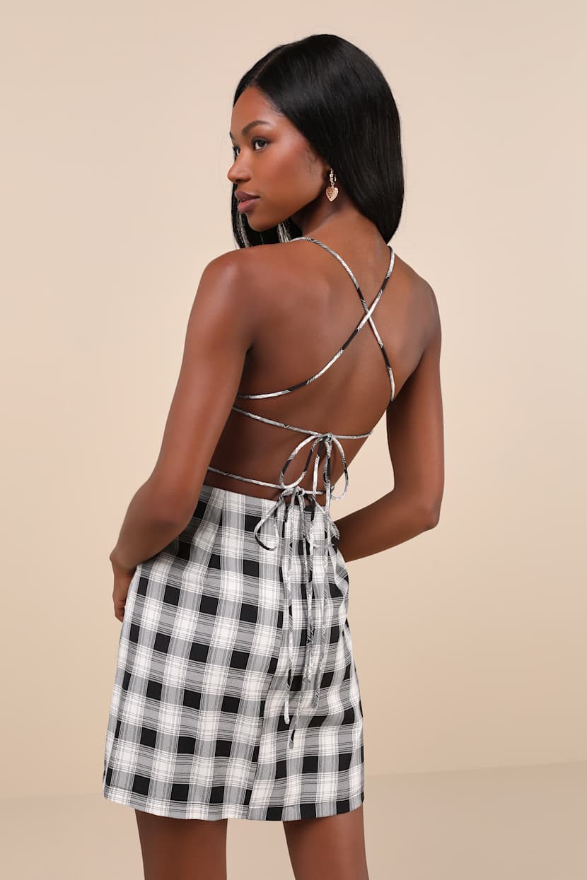 Sweetest Memory Black Plaid Lace-Up Mini Dress With Pockets