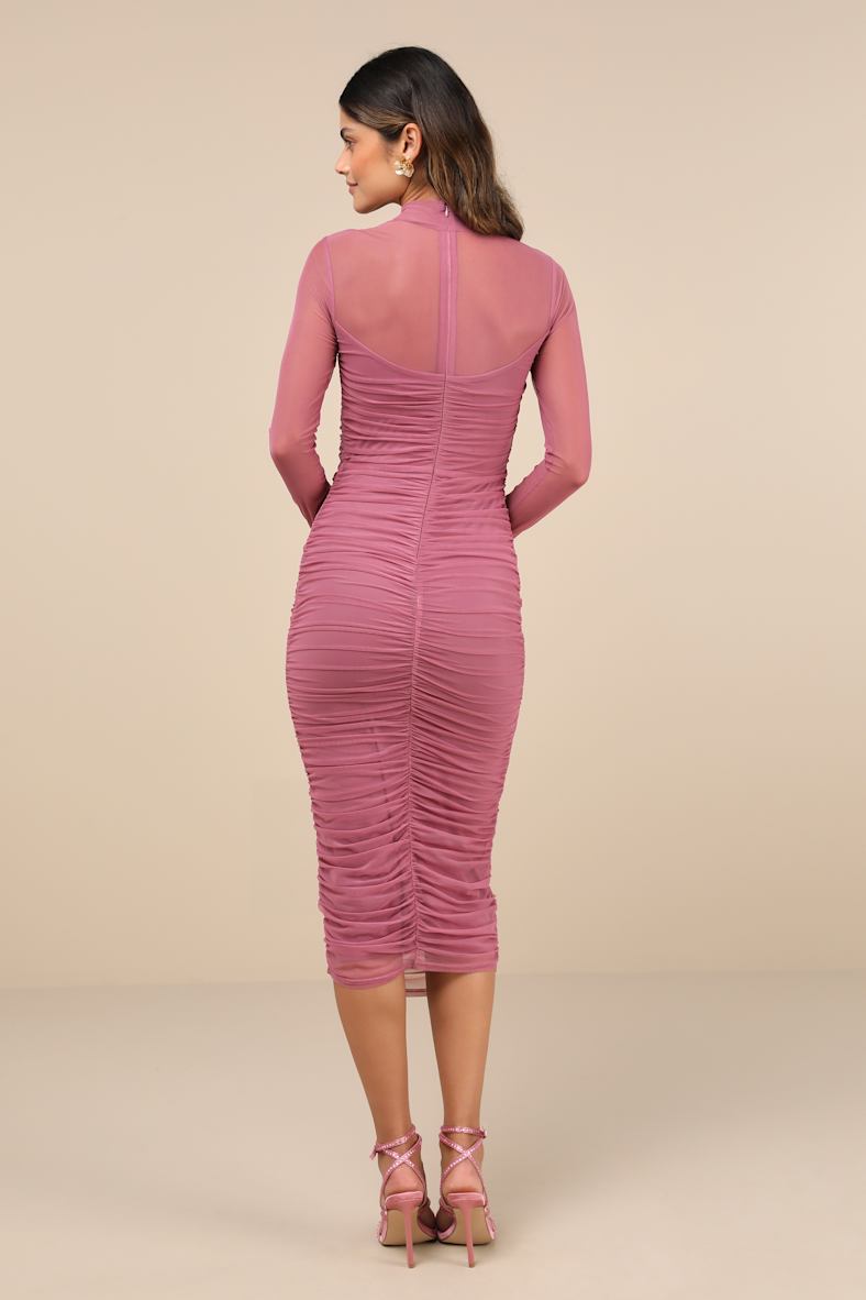 Impressive Flirt Dusty Rose Mesh Ruched Mock Neck Midi Dress