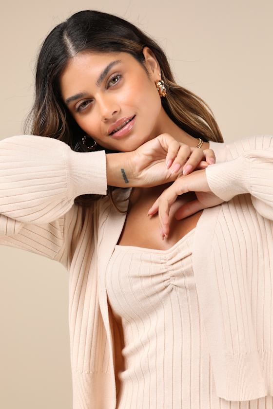 Lulus Cutest Duet Beige Knit Cami Top And Cardigan Sweater Set In Beige