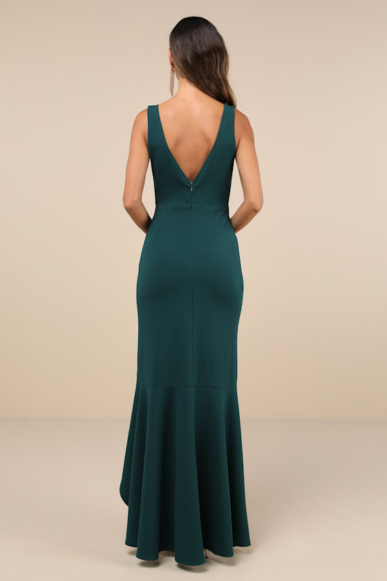 Lulus Pure Loveliness Emerald Pleated Ruffled High-low Maxi Dress In Green