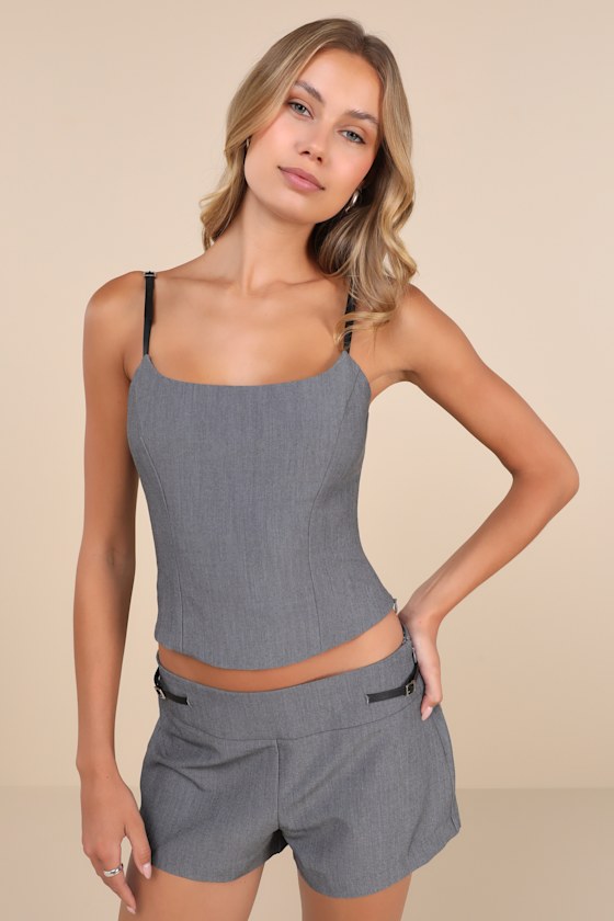 NIA GRACE GREY BUCKLE STRAP CROP TANK TOP 
