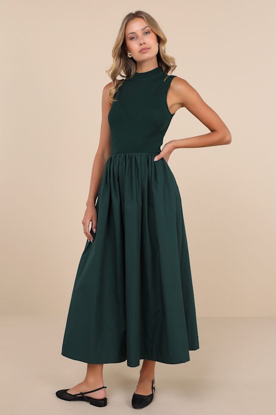 En Saison Sigrid Forest Knit And Poplin Midi Dress In Green In Forest Green