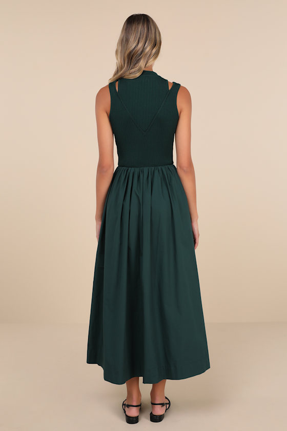 En Saison Sigrid Forest Knit And Poplin Midi Dress In Green In Forest Green