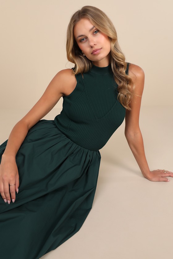 En Saison Sigrid Forest Knit And Poplin Midi Dress In Green In Forest Green